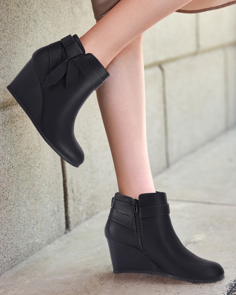 Coutgo Womens Wedge Booties Fall Ankle Boots Tie Knot Stacked Heeled Side Zipper Winter Dress Shoes, Cool Black, Size 8 - Image 2