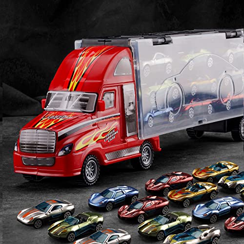 BoomCaCa Toy Truck Transport Car Carrier  18 Sport Cars in Truck Toys Toys for Boys and Girls Age 310 yrs Old Ideal Party Christmas Birthday Gift for Kids - Image 1