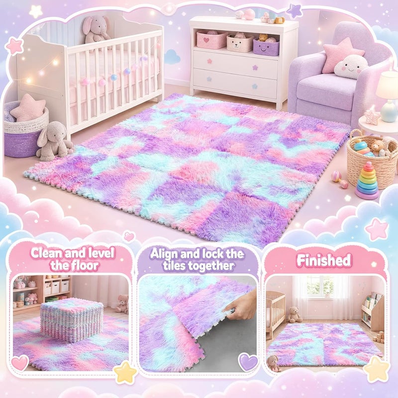 Maasechs 16 Pcs Blue Purple Faux Fur Floor Tiles, 11.8 x 11.8 in Puzzle Girls Play Soft Tiles, 1.5 Inch Shaggy Square, EVA Foam Floor Mat for Nursery, Playroom, Bedroom, Toddler Room, Daycare - Image 3