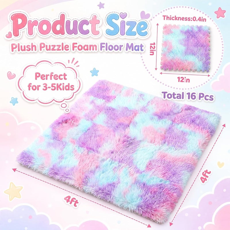 Maasechs 16 Pcs Blue Purple Faux Fur Floor Tiles, 11.8 x 11.8 in Puzzle Girls Play Soft Tiles, 1.5 Inch Shaggy Square, EVA Foam Floor Mat for Nursery, Playroom, Bedroom, Toddler Room, Daycare - Image 2