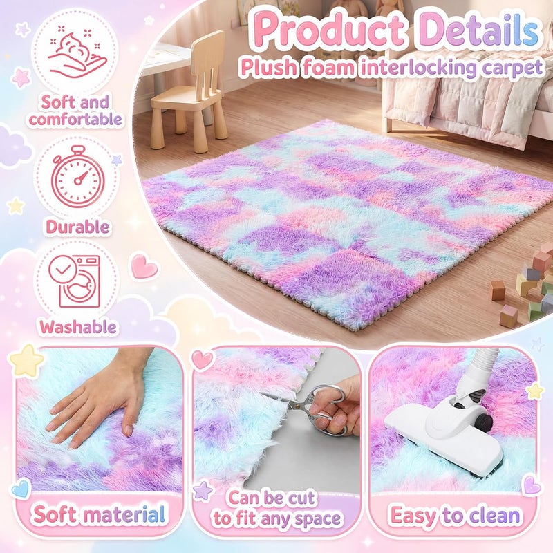 Maasechs 16 Pcs Blue Purple Faux Fur Floor Tiles, 11.8 x 11.8 in Puzzle Girls Play Soft Tiles, 1.5 Inch Shaggy Square, EVA Foam Floor Mat for Nursery, Playroom, Bedroom, Toddler Room, Daycare - Image 4