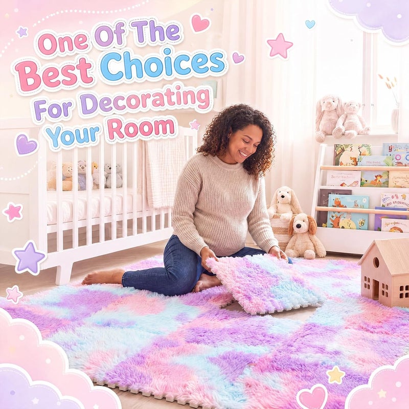 Maasechs 16 Pcs Blue Purple Faux Fur Floor Tiles, 11.8 x 11.8 in Puzzle Girls Play Soft Tiles, 1.5 Inch Shaggy Square, EVA Foam Floor Mat for Nursery, Playroom, Bedroom, Toddler Room, Daycare - Image 5
