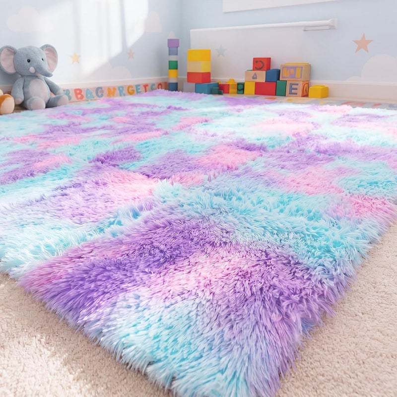 Maasechs 16 Pcs Blue Purple Faux Fur Floor Tiles, 11.8 x 11.8 in Puzzle Girls Play Soft Tiles, 1.5 Inch Shaggy Square, EVA Foam Floor Mat for Nursery, Playroom, Bedroom, Toddler Room, Daycare - Image 1
