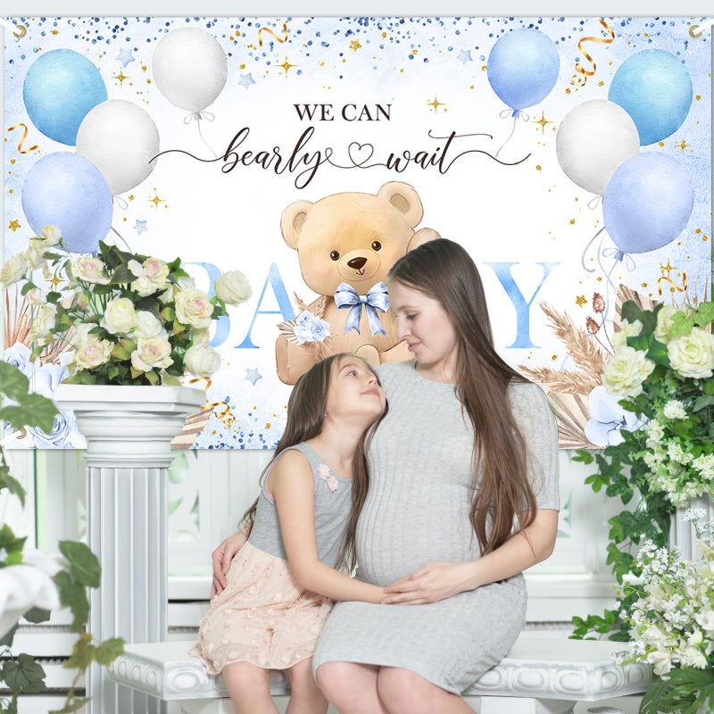 Lecheme Blue Bear Baby Shower Backdrop 6x3.6 ft We Can Bearly Wait Banner for Boy Bear Baby Shower Decorations Newborn Photo Props Background - Image 5