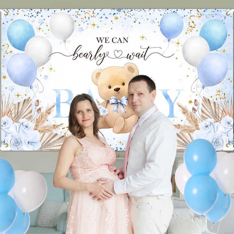 Lecheme Blue Bear Baby Shower Backdrop 6x3.6 ft We Can Bearly Wait Banner for Boy Bear Baby Shower Decorations Newborn Photo Props Background - Image 4