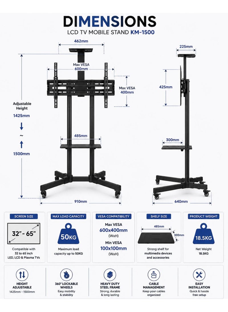 Eworld Single Monitor Fully Adjustable Computer Desk TV Mount with Wheels Caster Articulating Stand for 32–65-inch LCD Screen 360 Swivel VESA. - Image 3