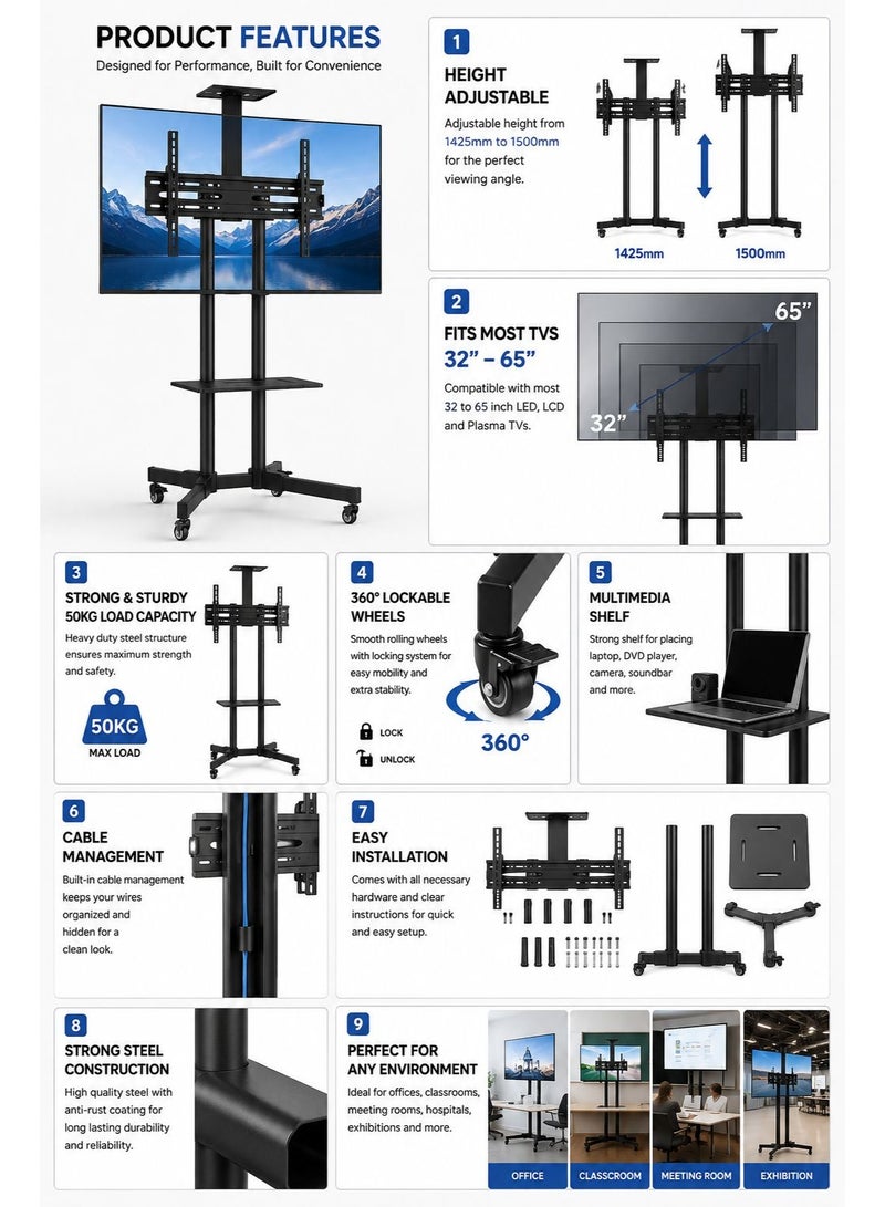 Eworld Single Monitor Fully Adjustable Computer Desk TV Mount with Wheels Caster Articulating Stand for 32–65-inch LCD Screen 360 Swivel VESA. - Image 2
