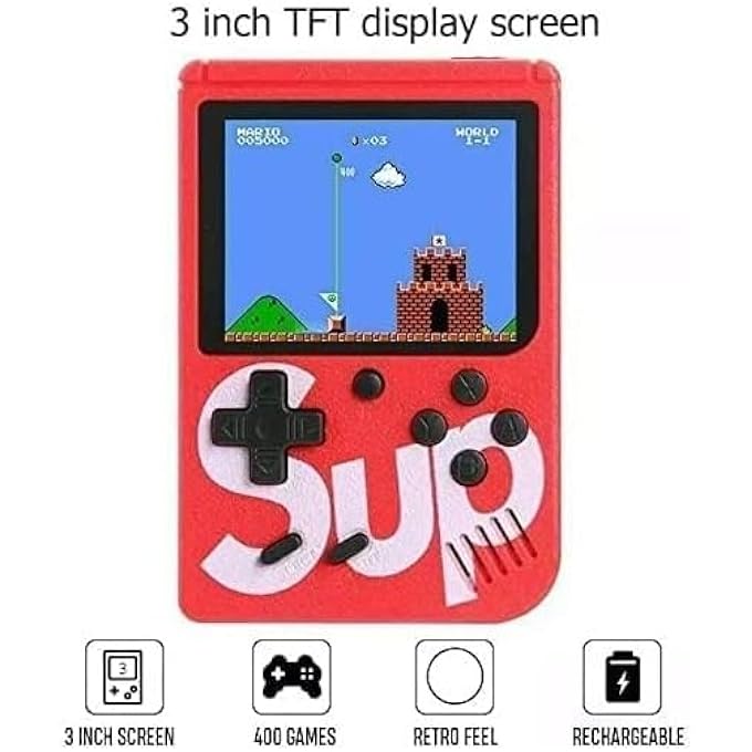 SUP GAME BOX PLUS 400 IN 1 RETRO MINI GAMEBOY CONSOLE 3.0 INCH - PORTABLE RECHARGEABLE SINGLE PLAYER (RED) - Image 2