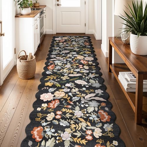 BYYVOO 3x12ft Long Hallway Runner Rug - Non Slip Washable Floral Floor Runner for Kitchen Entryway Bathroom，Boho Low Pile Thin Rubber Backed Scalloped Carpet Runner (Black, 3x12) - Image 1