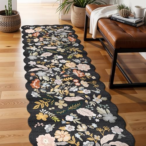BYYVOO 3x12ft Long Hallway Runner Rug - Non Slip Washable Floral Floor Runner for Kitchen Entryway Bathroom，Boho Low Pile Thin Rubber Backed Scalloped Carpet Runner (Black, 3x12) - Image 3