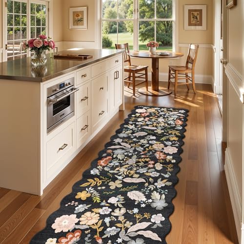 BYYVOO 3x12ft Long Hallway Runner Rug - Non Slip Washable Floral Floor Runner for Kitchen Entryway Bathroom，Boho Low Pile Thin Rubber Backed Scalloped Carpet Runner (Black, 3x12) - Image 2