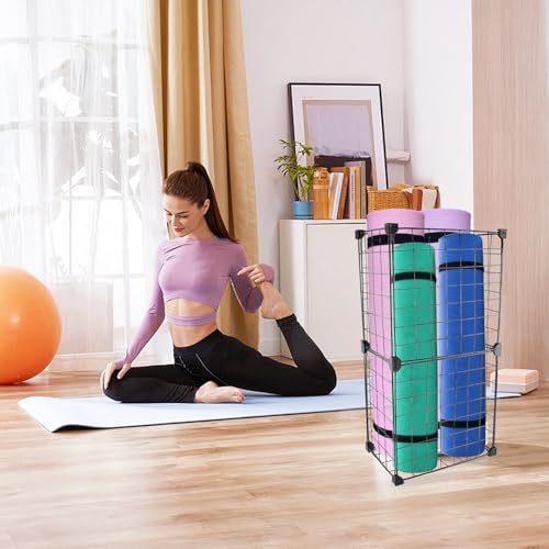 Mowhut Yoga Mat Holder,Home Gym Storage Rack,Workout Equipment Storage,Metal Mesh Yoga Mat Basket for Foam Roller,Tennis Racket and Resistance Bands,Black,12.6"L X 8.7"W X 24.4"H - Image 5