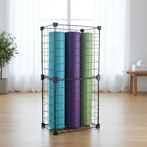 Mowhut Yoga Mat Holder,Home Gym Storage Rack,Workout Equipment Storage,Metal Mesh Yoga Mat Basket for Foam Roller,Tennis Racket and Resistance Bands,Black,12.6"L X 8.7"W X 24.4"H - Image 4