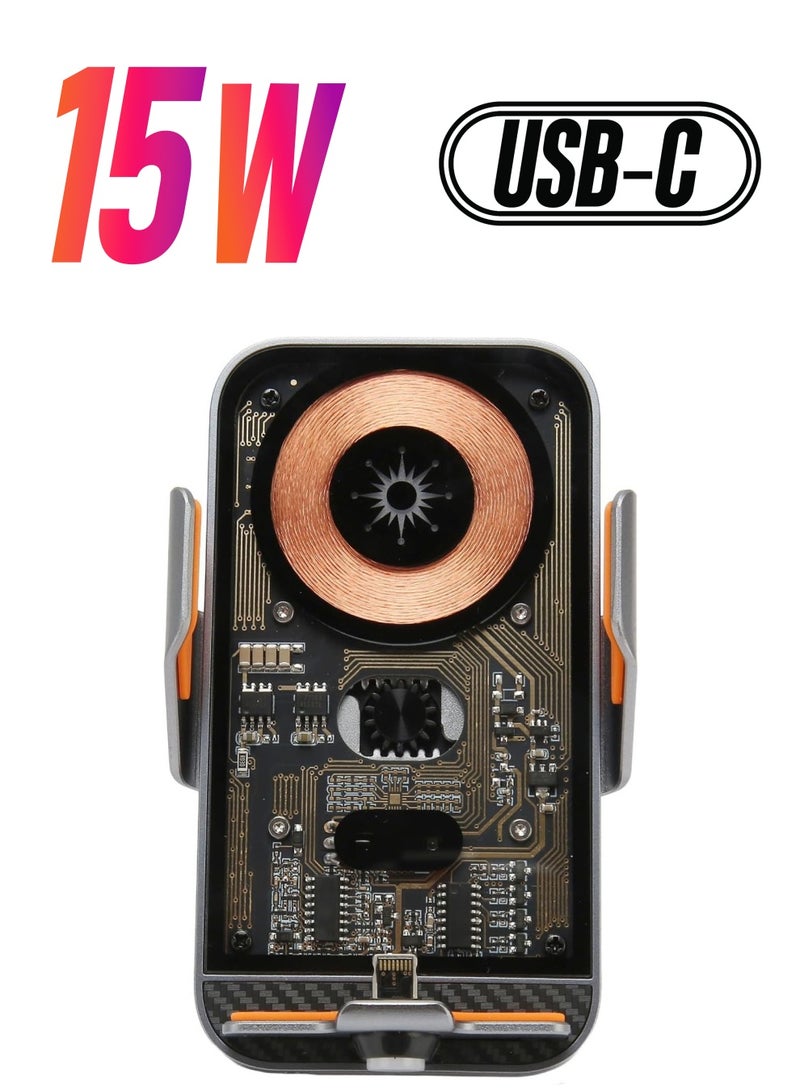 ELTRAZONE Wireless Car Charger Auto Clamping Car Phone Holder Transparent Shell Tempered Glass 360 Degree Rotatable Ball Joint Car Air Vent and Stick On Dashboard Phone Holder (C11) - Image 1