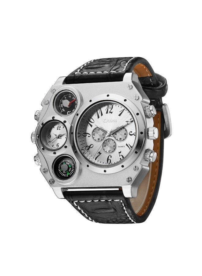 Oulm Mecha-Style Men's Watch, Dual Time Zone Display, Large Dial, Military Style, Luminous Hands, Leather Strap, Business Casual Quartz Wristwatch - Image 2