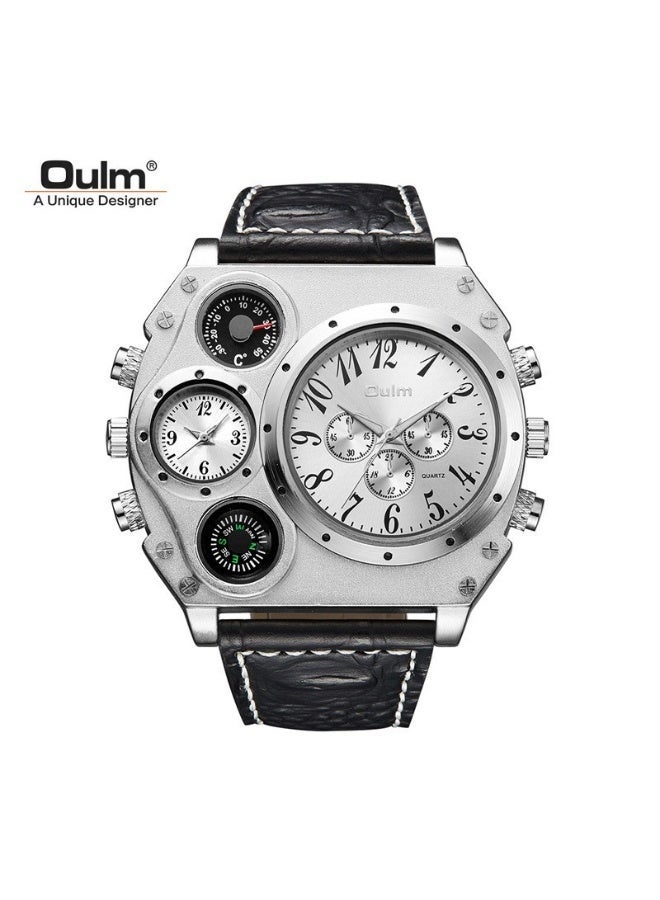 Oulm Mecha-Style Men's Watch, Dual Time Zone Display, Large Dial, Military Style, Luminous Hands, Leather Strap, Business Casual Quartz Wristwatch - Image 1