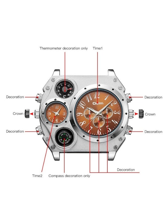 Oulm Mecha-Style Men's Watch, Dual Time Zone Display, Large Dial, Military Style, Luminous Hands, Leather Strap, Business Casual Quartz Wristwatch - Image 5