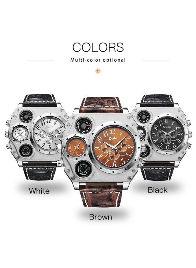 Oulm Mecha-Style Men's Watch, Dual Time Zone Display, Large Dial, Military Style, Luminous Hands, Leather Strap, Business Casual Quartz Wristwatch - Image 4