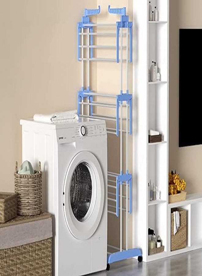 رف تجفيف الملابس ملابس قابلة للطي من 4 طبقات قابلة للتعديل من الستانلس ستيل، رفوف غسيل ملابس داخلية وخارجية (ازرق) - Image 2