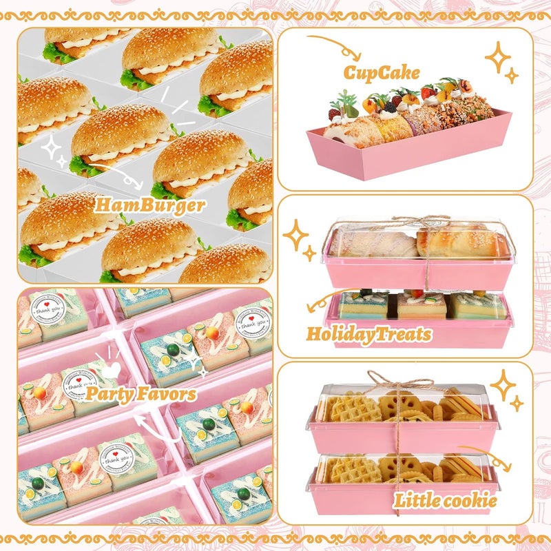 Inbagi 100 Pieces Charcuterie Boxes with Clear Lids Stickers and Ropes, Paper Rectangle Sandwich Box for Bakery Cookie Desserts Macaron Strawberries Mini Cakes Packaging (Pink) - Image 4