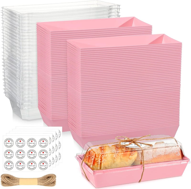Inbagi 100 Pieces Charcuterie Boxes with Clear Lids Stickers and Ropes, Paper Rectangle Sandwich Box for Bakery Cookie Desserts Macaron Strawberries Mini Cakes Packaging (Pink) - Image 1