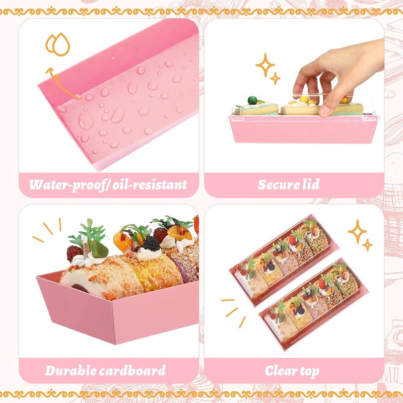 Inbagi 100 Pieces Charcuterie Boxes with Clear Lids Stickers and Ropes, Paper Rectangle Sandwich Box for Bakery Cookie Desserts Macaron Strawberries Mini Cakes Packaging (Pink) - Image 3
