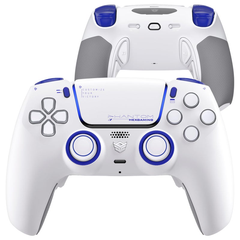 HEXGAMING PHANTOM Pro Gaming Controller with 4 Remappable Buttons 6 Remapping Profiles 8 Interchangeable Analog Stick and Adjustable Triggers Compatible with ps5 PC Mobile Vision White