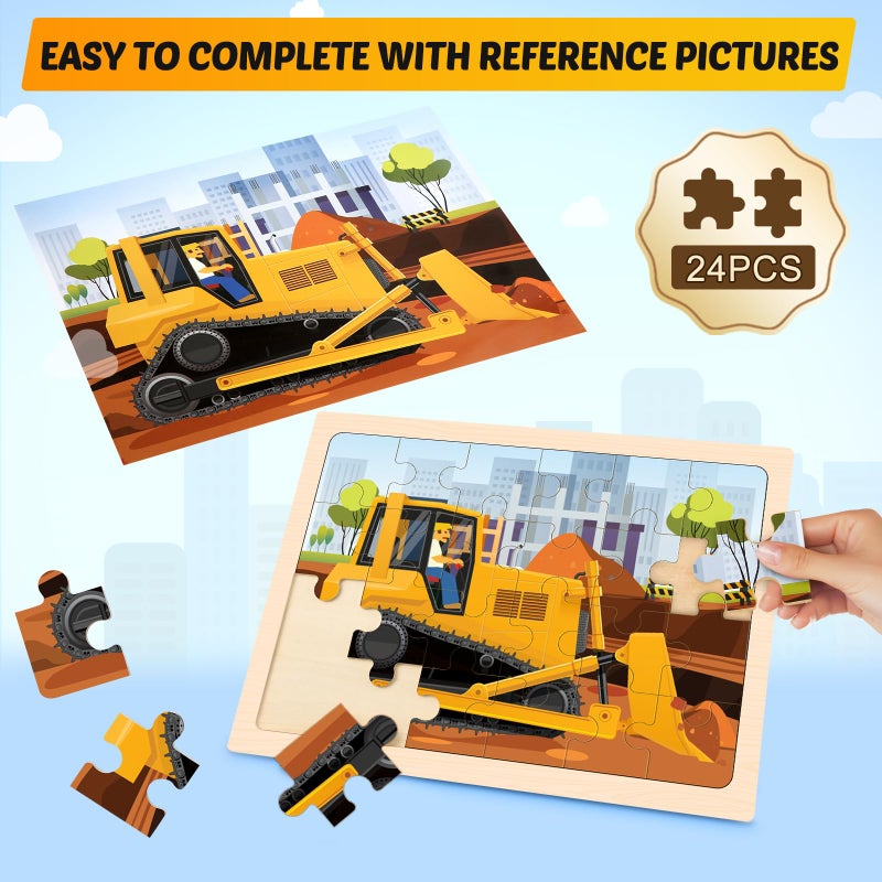 Duchong Wooden Puzzles for Kids Ages 4-6, 4 Packs 24 PCS Construction Vehicle Jigsaw Puzzles for Kids Ages 3-5, Preschool Educational Puzzles Boards Toys Gifts for Boys Girls - Image 3