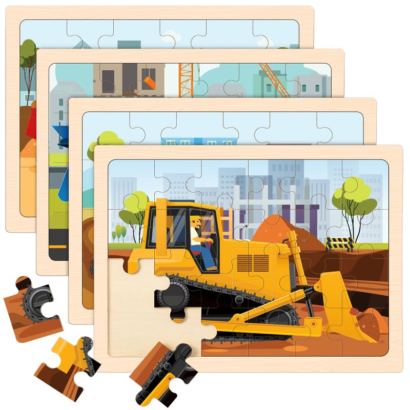 Duchong Wooden Puzzles for Kids Ages 4-6, 4 Packs 24 PCS Construction Vehicle Jigsaw Puzzles for Kids Ages 3-5, Preschool Educational Puzzles Boards Toys Gifts for Boys Girls - Image 1