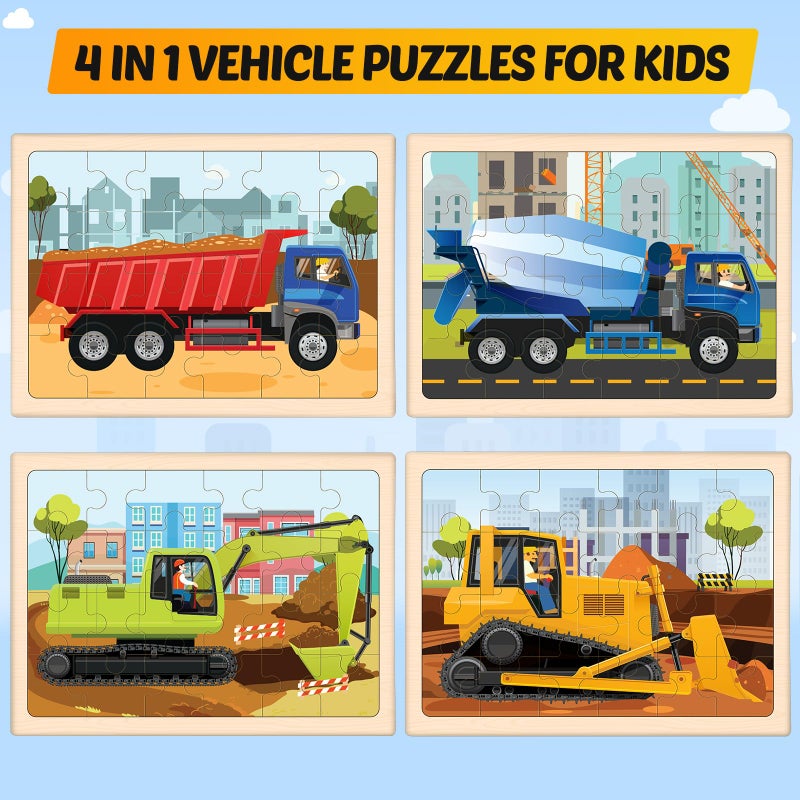 Duchong Wooden Puzzles for Kids Ages 4-6, 4 Packs 24 PCS Construction Vehicle Jigsaw Puzzles for Kids Ages 3-5, Preschool Educational Puzzles Boards Toys Gifts for Boys Girls - Image 2