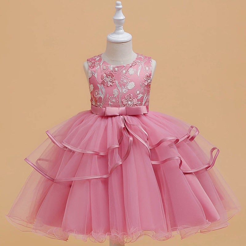 New Embroidered Girls Puffy Mesh Princess Dress Birthday Dinner Show Dress Factory Wholesale Bean paste powder