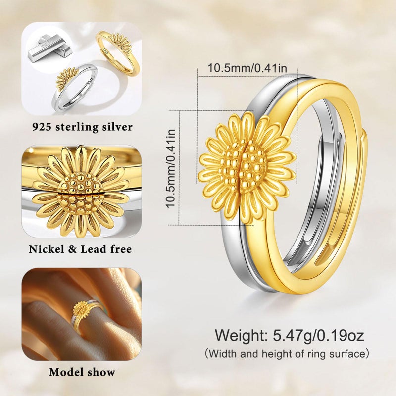 INFUSEU Sunflower Ring Set for Women Sister Mother Daughter Best Friend Bff Double Matching Rings Couples You Are My Sunshine Gifts Stackable Thumb Band Pinky Toe Cute Stacking Two Tone Gold and Silver - Image 4