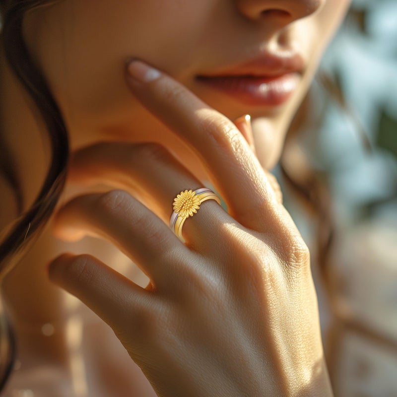 INFUSEU Sunflower Ring Set for Women Sister Mother Daughter Best Friend Bff Double Matching Rings Couples You Are My Sunshine Gifts Stackable Thumb Band Pinky Toe Cute Stacking Two Tone Gold and Silver - Image 5