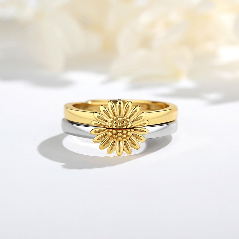 INFUSEU Sunflower Ring Set for Women Sister Mother Daughter Best Friend Bff Double Matching Rings Couples You Are My Sunshine Gifts Stackable Thumb Band Pinky Toe Cute Stacking Two Tone Gold and Silver - Image 3