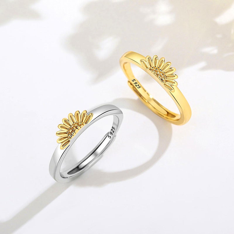 INFUSEU Sunflower Ring Set for Women Sister Mother Daughter Best Friend Bff Double Matching Rings Couples You Are My Sunshine Gifts Stackable Thumb Band Pinky Toe Cute Stacking Two Tone Gold and Silver - Image 2