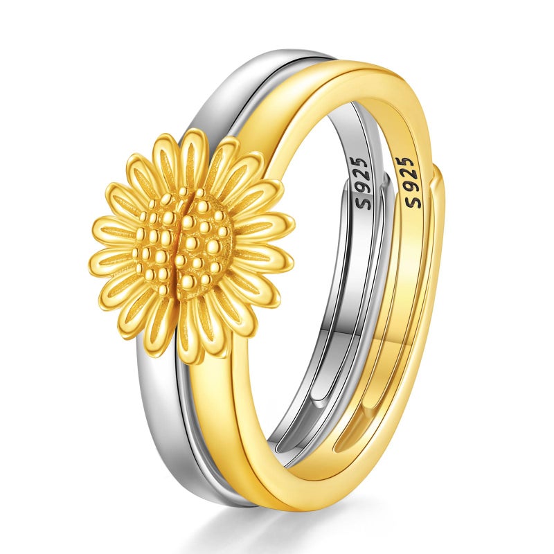 INFUSEU Sunflower Ring Set for Women Sister Mother Daughter Best Friend Bff Double Matching Rings Couples You Are My Sunshine Gifts Stackable Thumb Band Pinky Toe Cute Stacking Two Tone Gold and Silver - Image 1