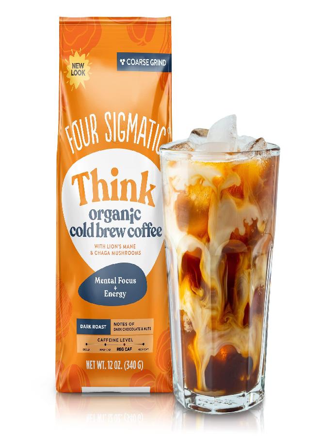 Four Sigmatic Organic Cold Brew Coffee Grounds by Four Sigmatic | Dark Roast, Fair Trade Coarse Grounds with Lion's Mane and Chaga Mushroom Extract | Cold Brew Mushroom Coffee for Crash-Free Focus | 12oz Bag - Image 1