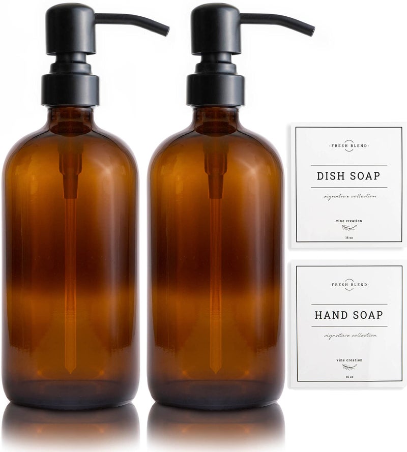 Vine Creations Amber Glass Soap Dispenser, 2 Pack Kitchen Soap Dispenser Set with Stainless Steel Pump, 16 oz Dish Soap and Hand Soap Dispensers for Bathroom with Waterproof Labels - Image 1