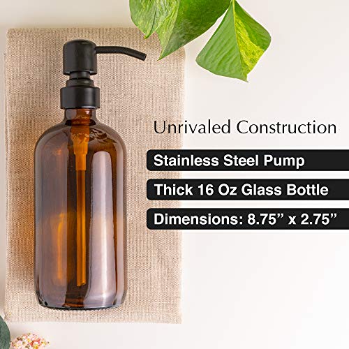 Vine Creations Amber Glass Soap Dispenser, 2 Pack Kitchen Soap Dispenser Set with Stainless Steel Pump, 16 oz Dish Soap and Hand Soap Dispensers for Bathroom with Waterproof Labels - Image 4
