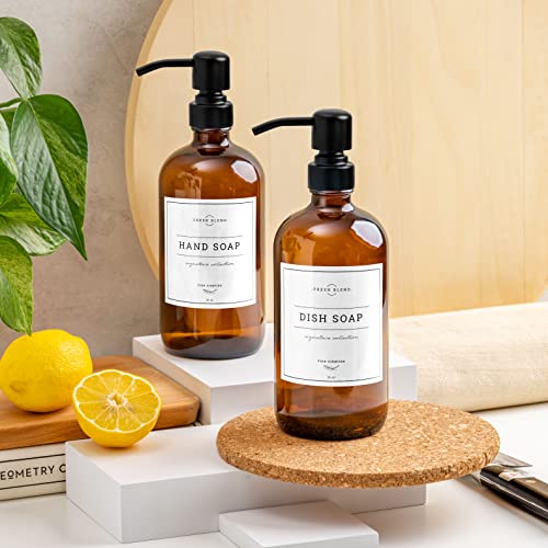 Vine Creations Amber Glass Soap Dispenser, 2 Pack Kitchen Soap Dispenser Set with Stainless Steel Pump, 16 oz Dish Soap and Hand Soap Dispensers for Bathroom with Waterproof Labels - Image 3