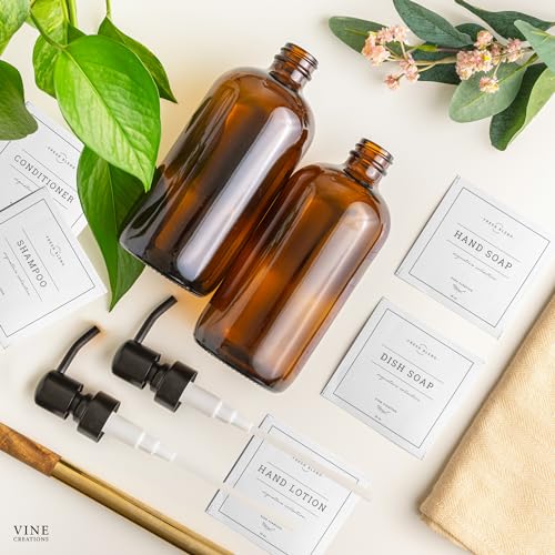 Vine Creations Amber Glass Soap Dispenser, 2 Pack Kitchen Soap Dispenser Set with Stainless Steel Pump, 16 oz Dish Soap and Hand Soap Dispensers for Bathroom with Waterproof Labels - Image 5