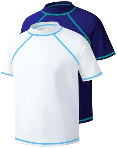 BIGANT Boys Rash Guard Swim Shirt 2 Pack UPF 50+ Sun Protection Short Sleeve Quick Dry Kids Youth Water UV SPF Swimwear Tops(Navy/White,5-6Y) - Image 1