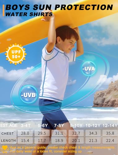 BIGANT Boys Rash Guard Swim Shirt 2 Pack UPF 50+ Sun Protection Short Sleeve Quick Dry Kids Youth Water UV SPF Swimwear Tops(Navy/White,5-6Y) - Image 2