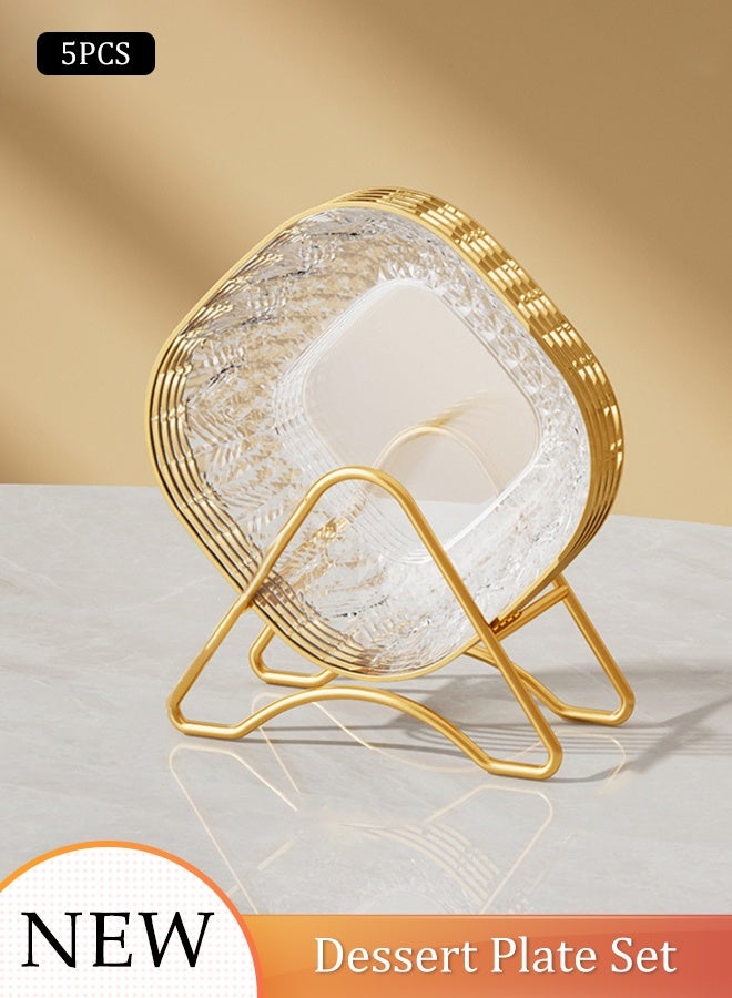 DUNISO 5pcs Dessert Plates Set Clear PET Plastic Plates Dessert Plates Snack Dishes With Rack Elegant Dinner Cake Dessert Snack Plate Storage Dried Fruit Plate Tasting Plate Display Stand for Family， Party， Picnic， Home - Image 1