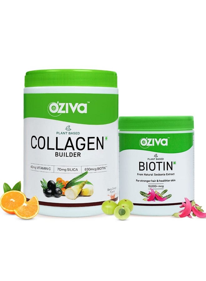OZiva Plant Based Collagen Builder Powder (With Vitamin C) Berry Orange,250G & Plant Based Biotin 10000+ Mcg (With Natural Sesbania Agati Extract) For Stronger Hair & Healthier Skin,125G(Combo Pack) - Image 1