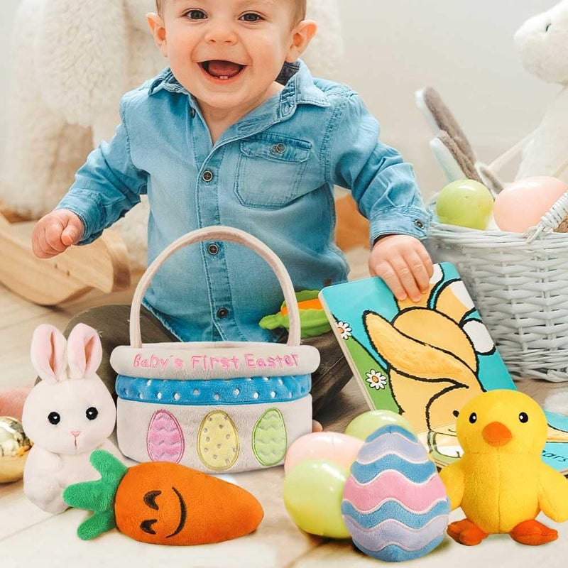 Bunny Chorus Baby's First Easter Basket Stuffers Playset, 5ct Stuffed Plush Bunny Chick Carrot Egg for Babies Girls Boys Kids Infant Toddler, Personalized Easter Decorations Gifts Party Supplies - Image 5
