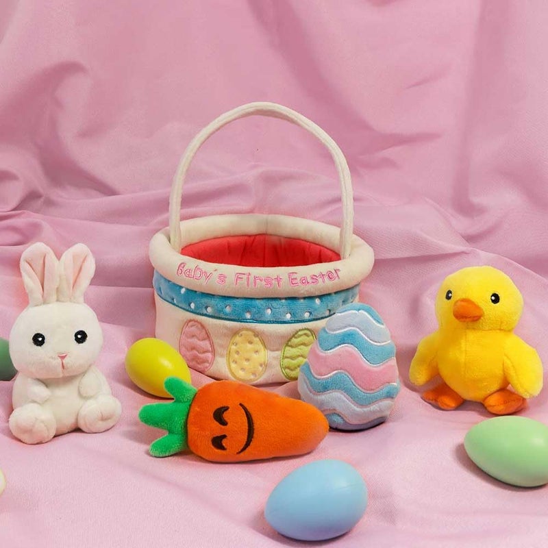 Bunny Chorus Baby's First Easter Basket Stuffers Playset, 5ct Stuffed Plush Bunny Chick Carrot Egg for Babies Girls Boys Kids Infant Toddler, Personalized Easter Decorations Gifts Party Supplies - Image 4