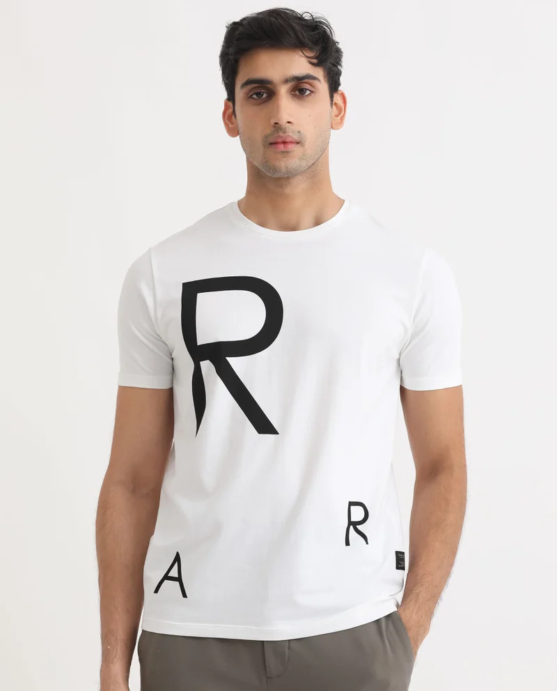 Rare Rabbit Rare Rabbit Men's Drover White Crew Neck Overall Placement Print Branding Half Sleeves T-Shirt