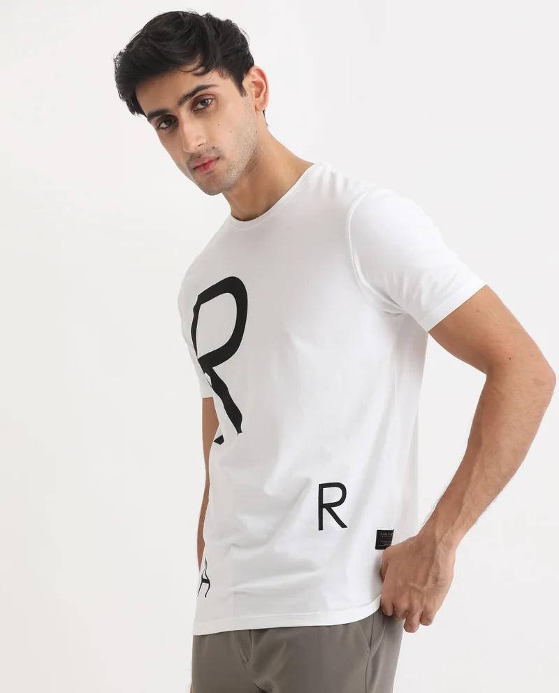 Rare Rabbit Rare Rabbit Men's Drover White Crew Neck Overall Placement Print Branding Half Sleeves T-Shirt