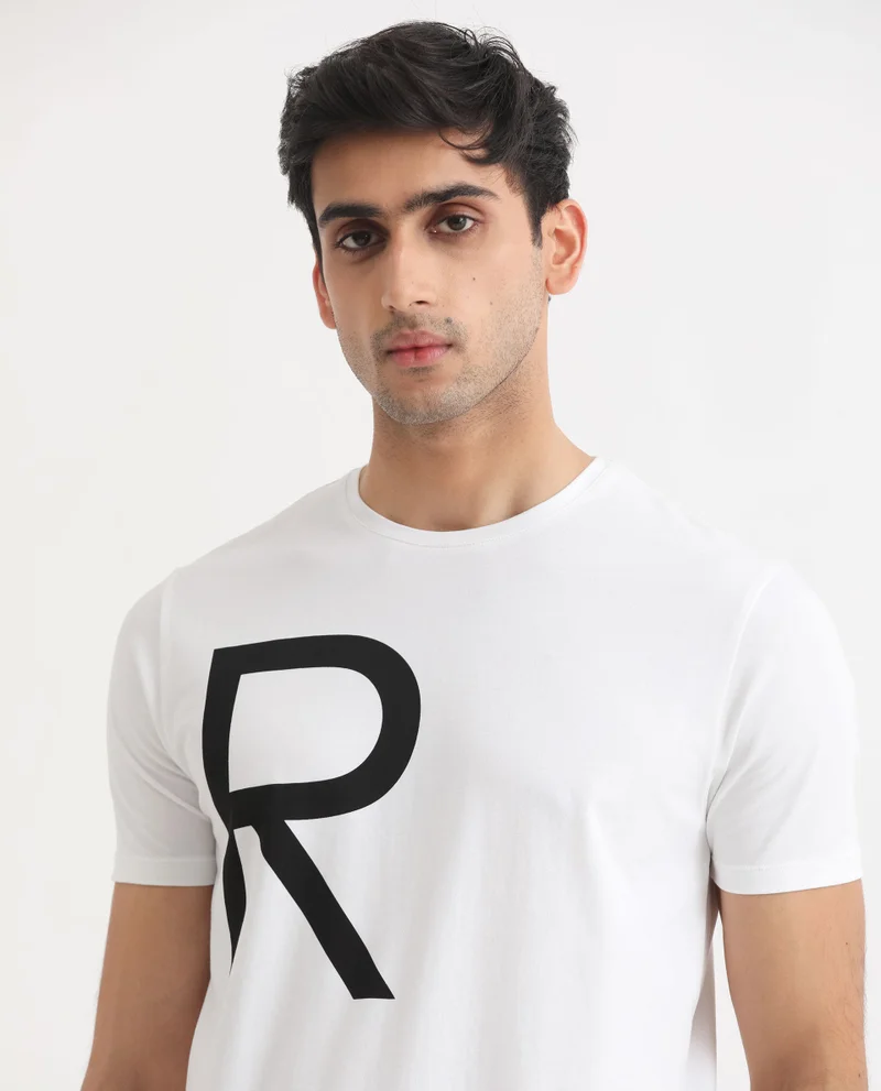 Rare Rabbit Rare Rabbit Men's Drover White Crew Neck Overall Placement Print Branding Half Sleeves T-Shirt